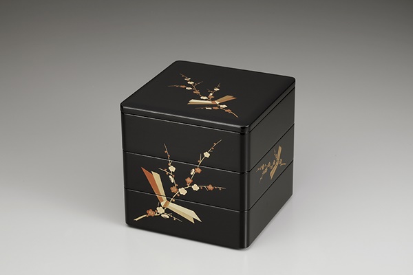 Tableware, Three-tiered food box, Tied plum Black, inside vermillion, 6.5, Bento -  Aizu lacquerware-Aizu lacquerware-Japanese Lacquerware