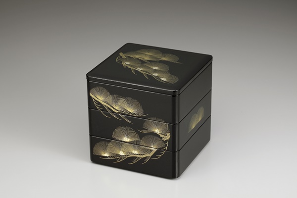 Tableware, Three-tiered food box, Dancer's fan Black, inside vermillion, 6.5, Bento -  Aizu lacquerware-Aizu lacquerware-Japanese Lacquerware