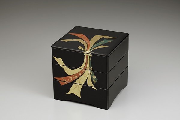 Tableware, Three-tiered food box, Colored paper ribbon, Black, inside vermillion, 6.5, Bento -  Aizu lacquerware-Aizu lacquerware-Japanese Lacquerware