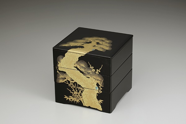 Tableware, Three-tiered food box, Golden pine, Black, inside vermillion, 6.5, Bento -  Aizu lacquerware-Aizu lacquerware-Japanese Lacquerware