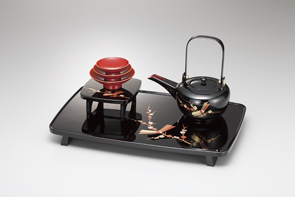 Drinking vessel, Set of sake utensils, Tied plum blossom, Black - Aizu lacquerware-Aizu lacquerware-Japanese Lacquerware