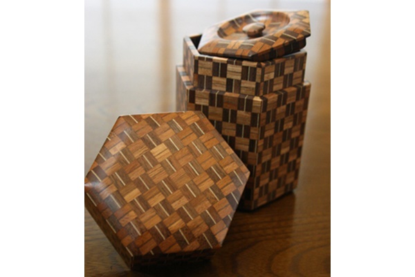 Tea supplies, Pure wood Hexagonal tea caddy, Ajiro-ｍesh pattern B - Hakone wood mosaic, Wood crafts-Hakone wood mosaic-Japanese Wood and bamboo crafts