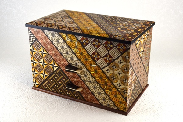 Box, 2 drawers with mirror, Small parquet pattern, 7-sun size - Hakone wood mosaic, Wood crafts-Hakone wood mosaic-Japanese Wood and bamboo crafts