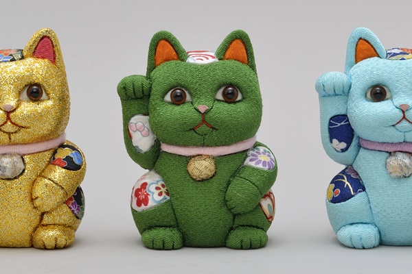 Ornament, Wooden doll Beckoning cat, Green - Toukou Kakinuma, Maneki-neko, Edo kimekomi dolls-Edo kimekomi dolls-Japanese Dolls and kokeshi