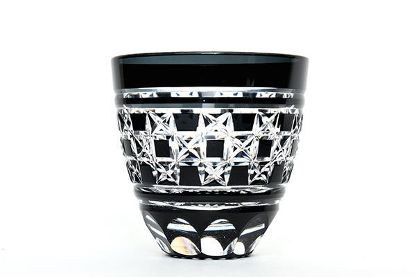 Drinking vessel, Large sake cup, Hemp-leaf checkerboard, Black - Hidetaka Shimizu, Edo kiriko cut glass-Edo kiriko cut glass-Japanese Glass