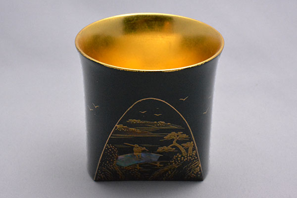Drinking vessel, Large sake cup, Landscape, Gold leaf on the inside - Sanao Matsuda, Echizen lacquerware-Echizen lacquerware-Japanese Lacquerware